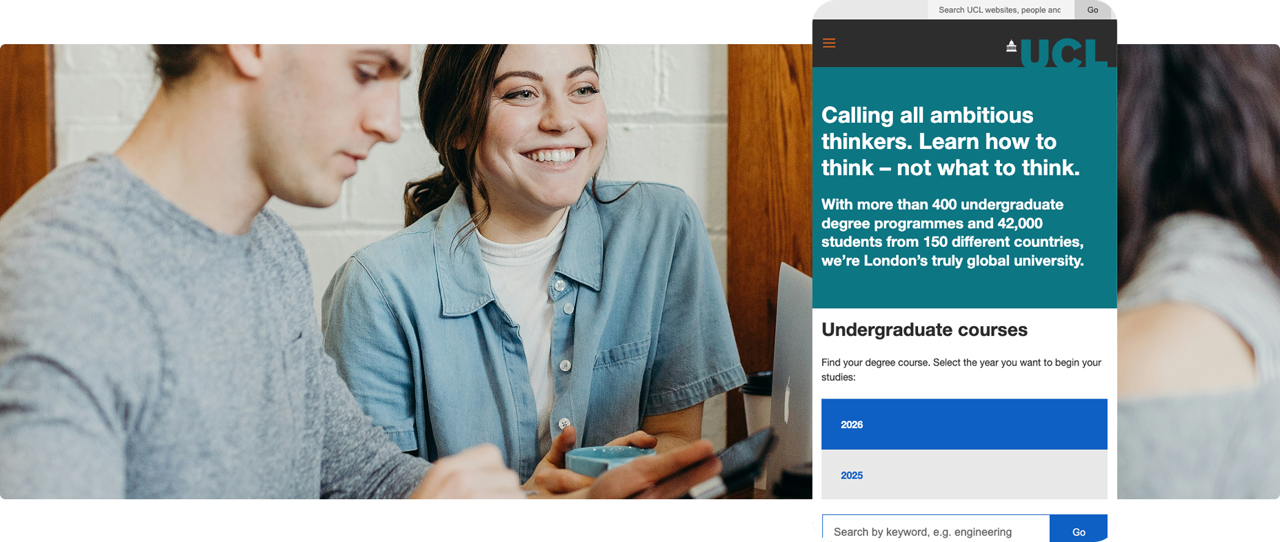 UCL mobile page view on a background of students smiling and talking
