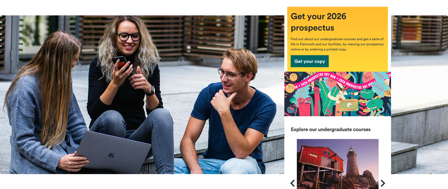 Falmouth University mobile view on a background of students sitting and with a laptop and talking