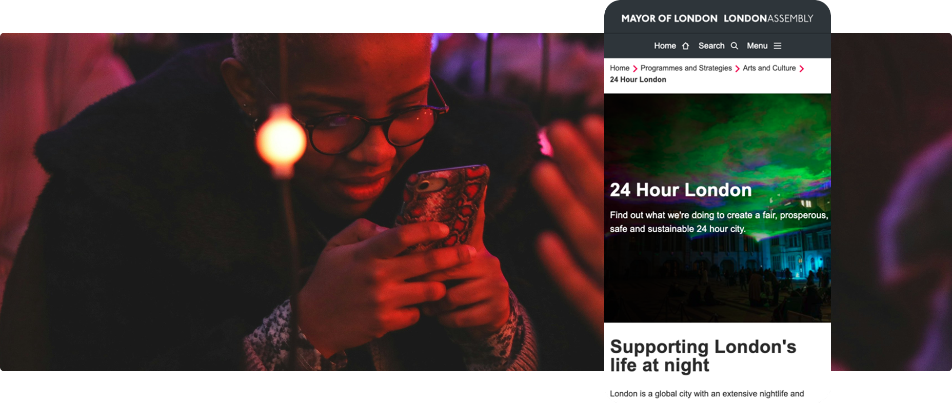 Mobile view of GLA site on a background of a woman looking at phone at nighttime with a red glow
