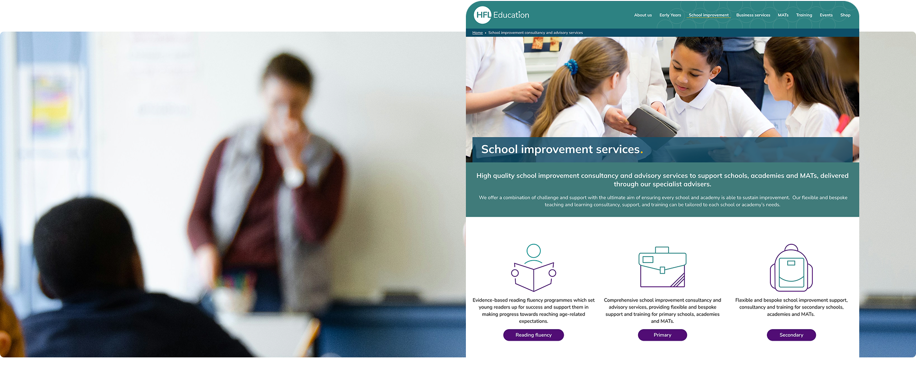 Screen view of Herts for Learning site on a background of a blurred image of a teach in a classroom