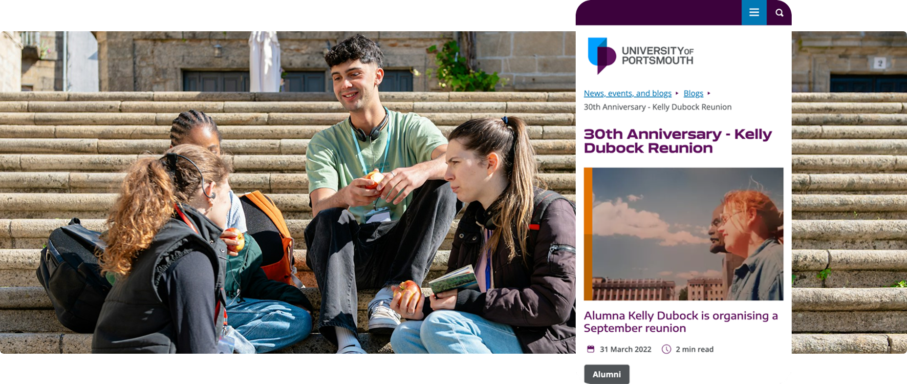 Mobile view of UoP site on a background of student sitting on steps smiling and talking