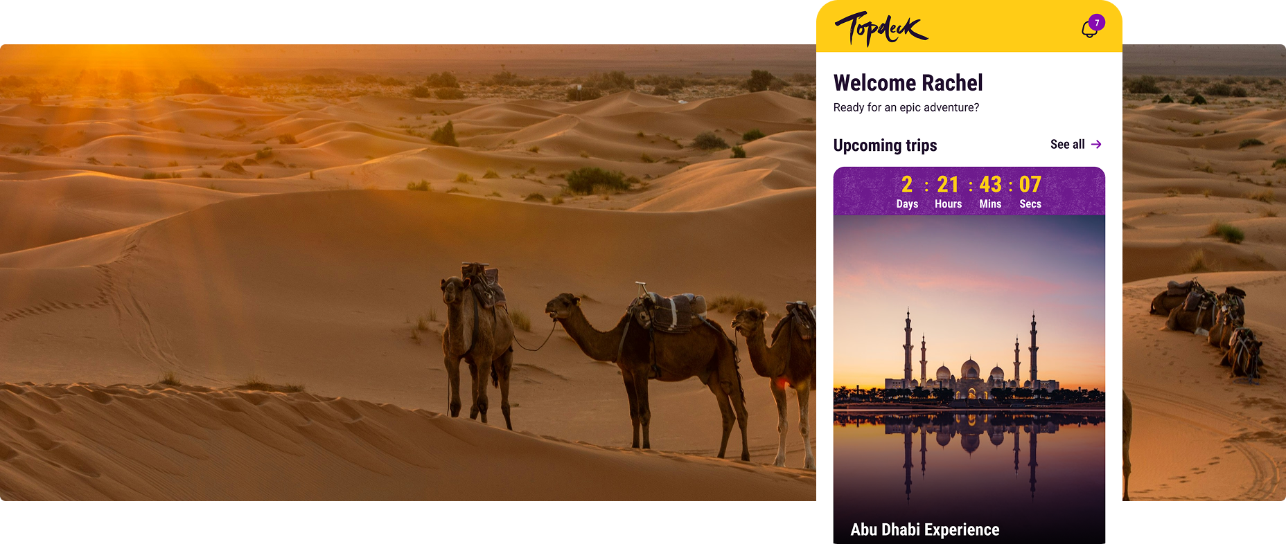 Mobile screen view of TopDesk app on a background of camels walking in the desert at dusk