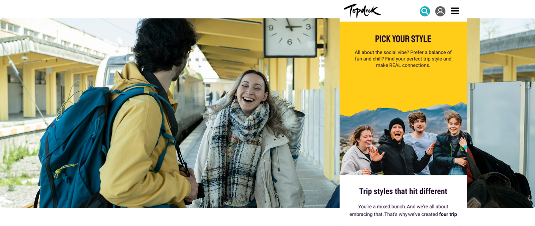 Mobile screen view of Topdeck site on a background of two tourist standing on a train station platform