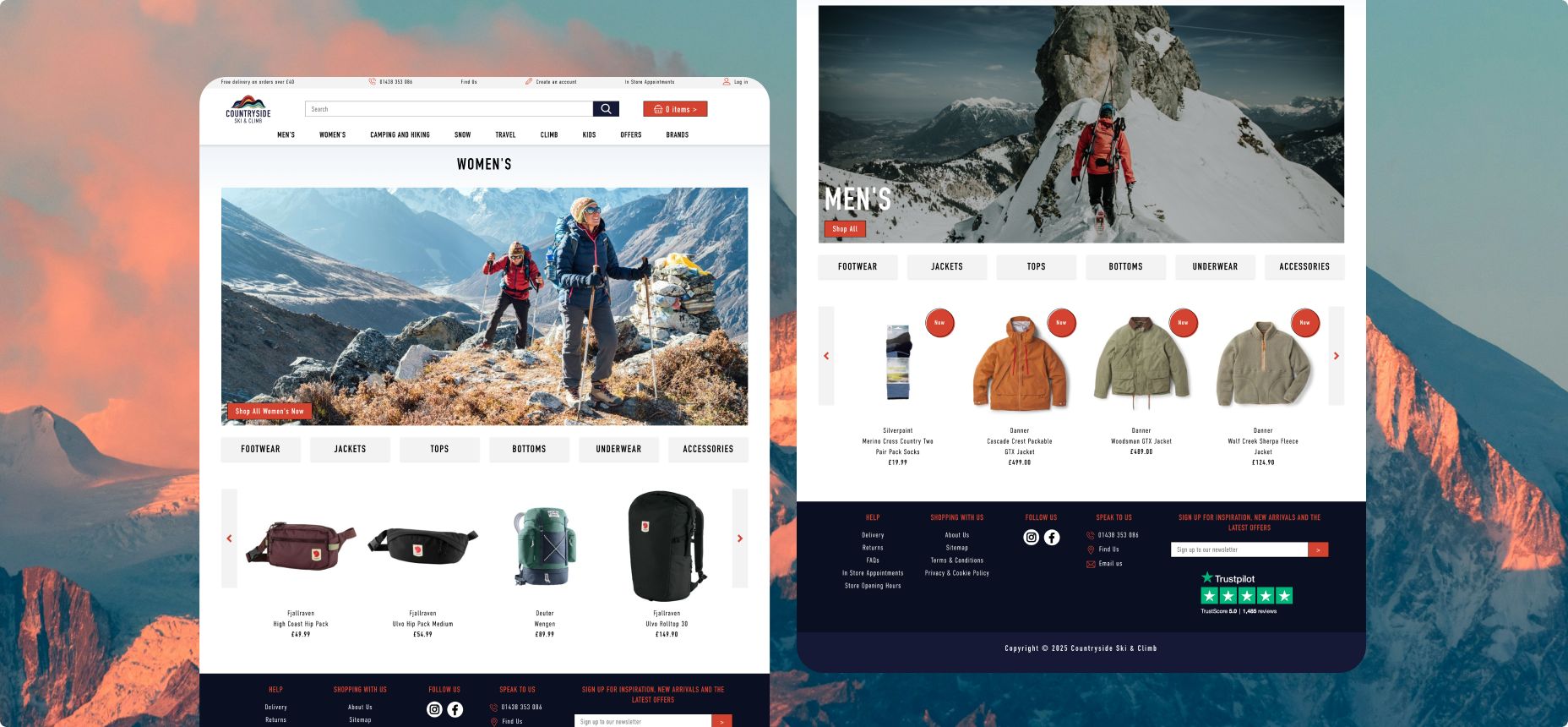 Two desktop screen views of the Countryside site on a background of a snow capped mountain range.