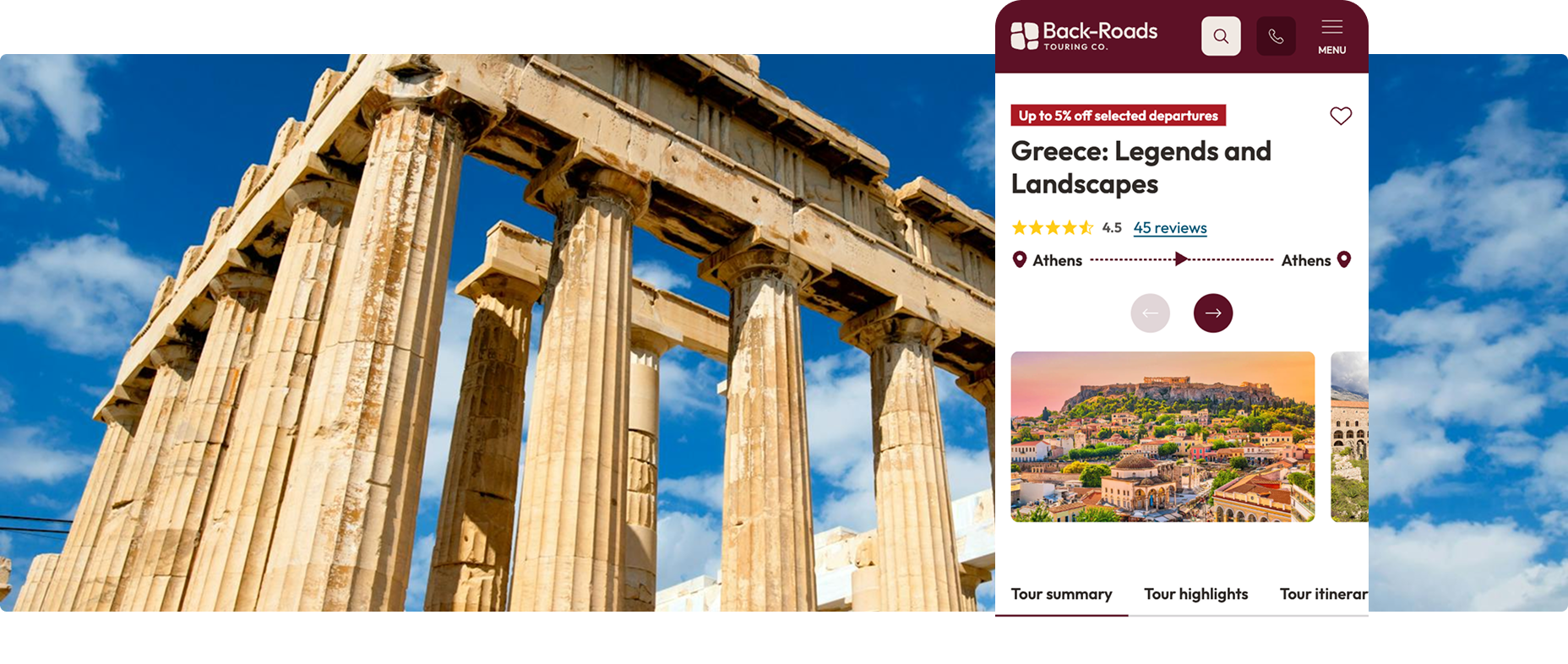 Backroads mobile view on a background of the Parthenon in Athens
