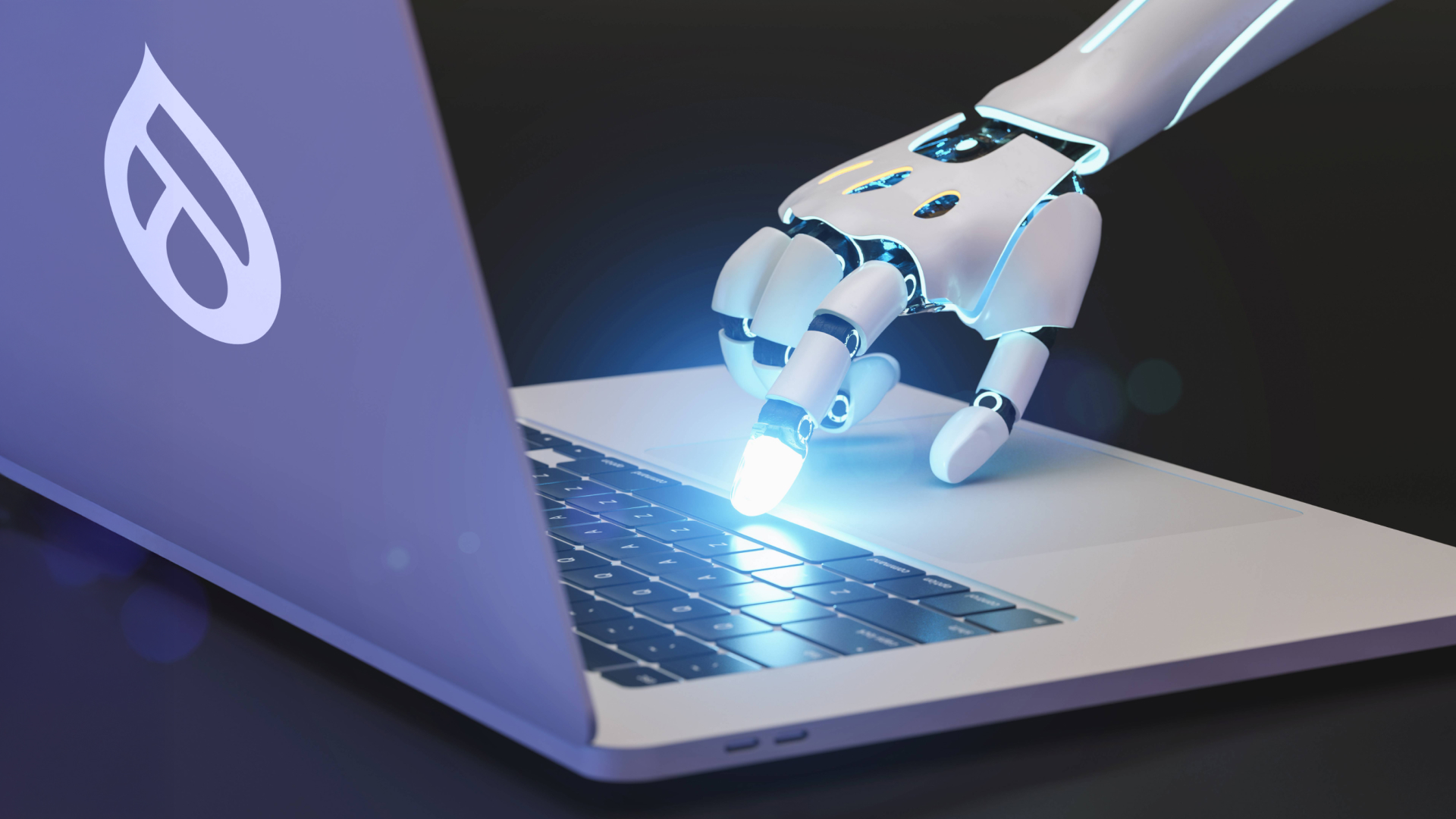 A robotic hand pressing glowing keys on a laptop