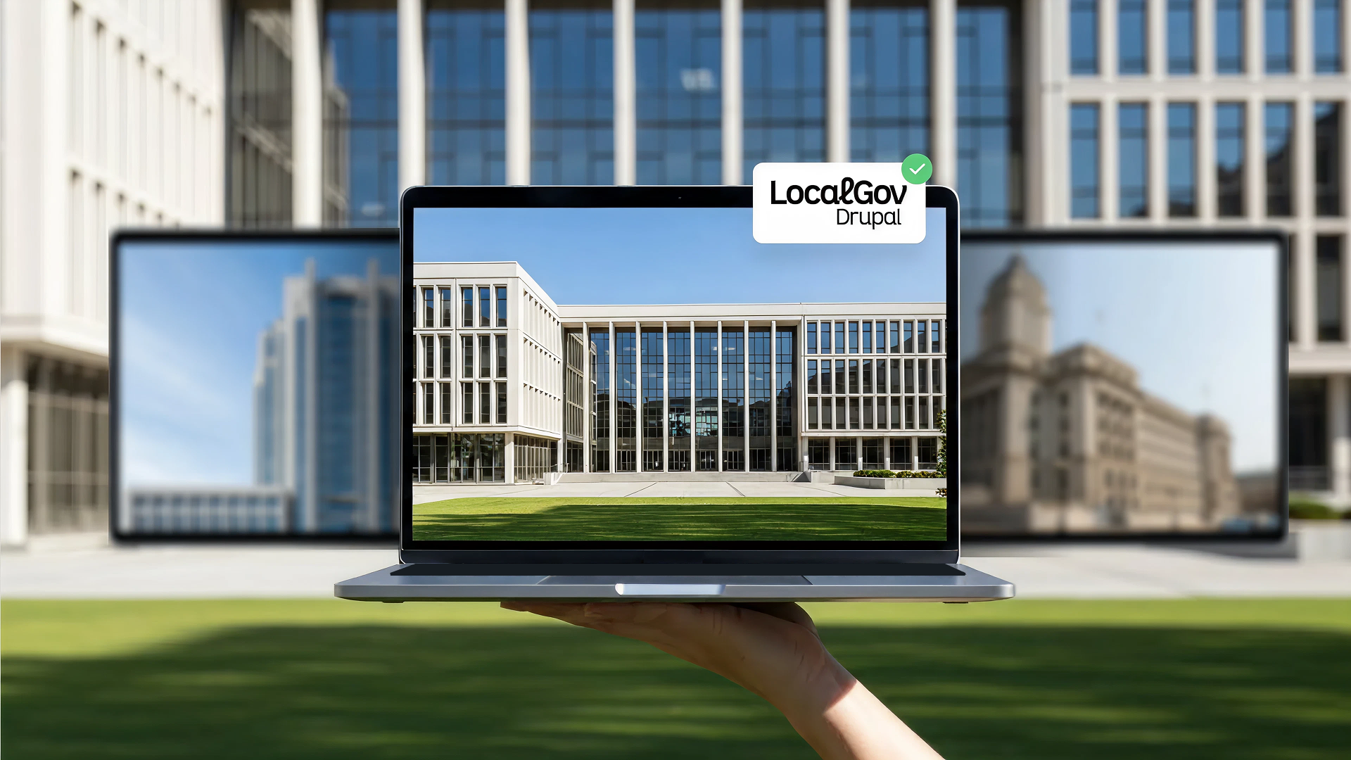 A hand holding a laptop in front of a government building