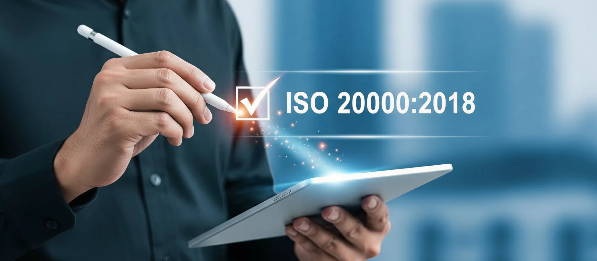 A man holding a tablet and a glowing pen ticking off an ISO certification