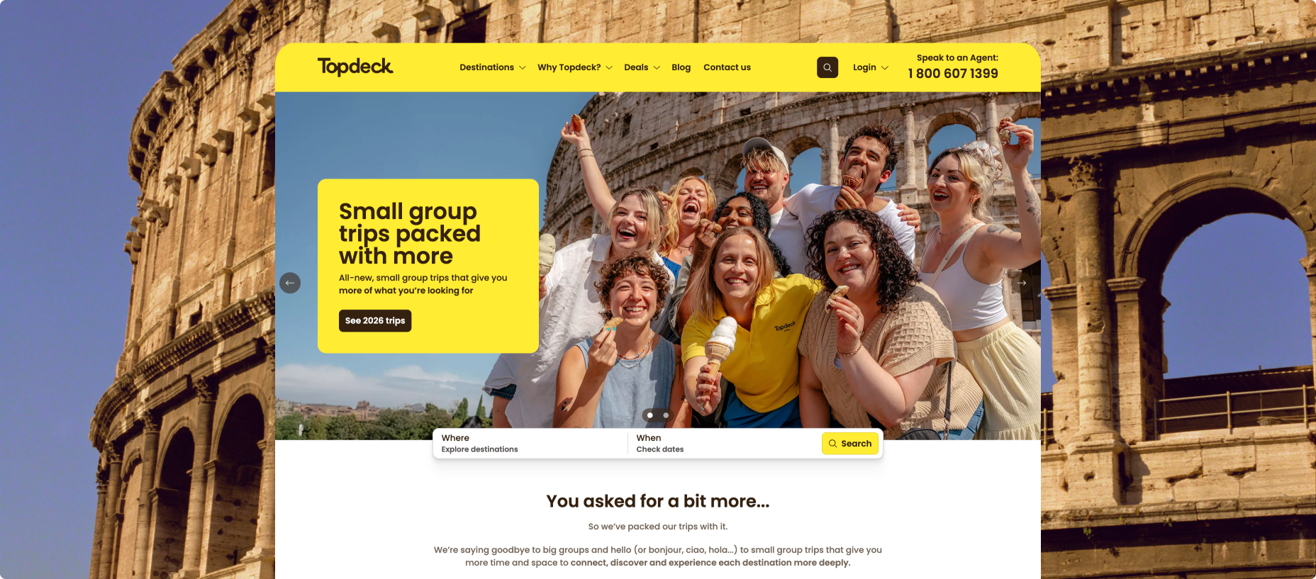 A desktop view of the home page on a background of Arena di Verona