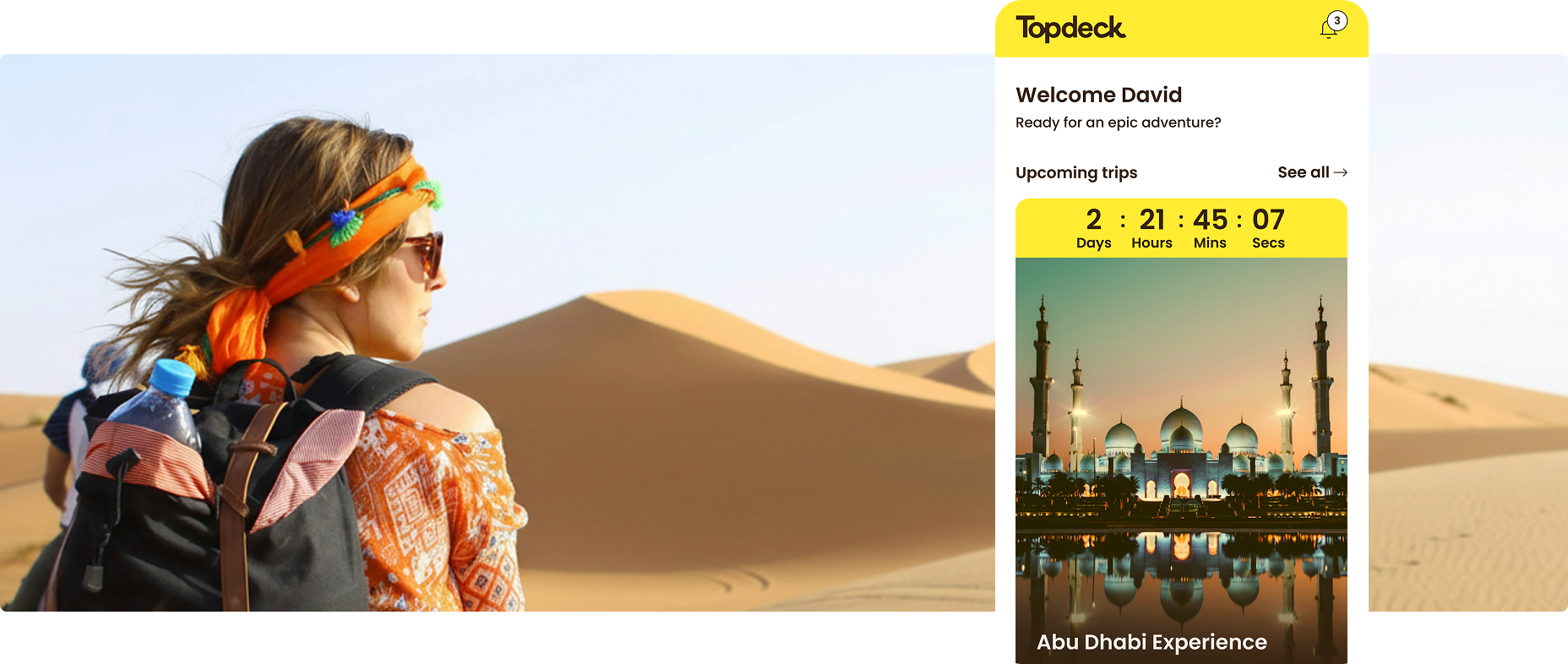 Topdeck mobile view on a background photo a woman in sand dunes