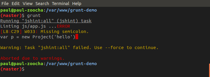 Screenshot of terminal output when grunt produces an error