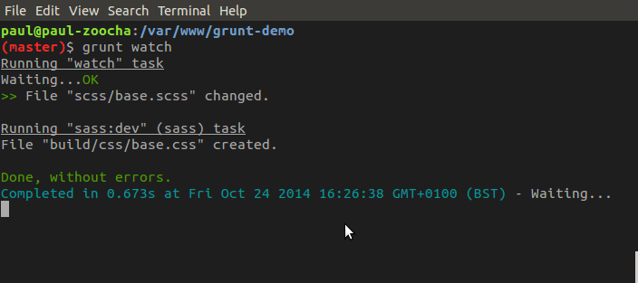 Screenshot of terminal output showing grunt watch