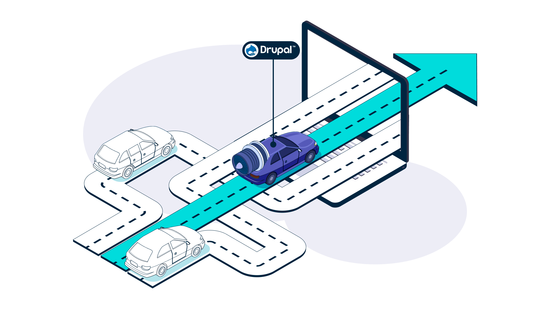 Three cars making circuitous journeys forward, with the Drupal car powered by a rocket and leading the way.