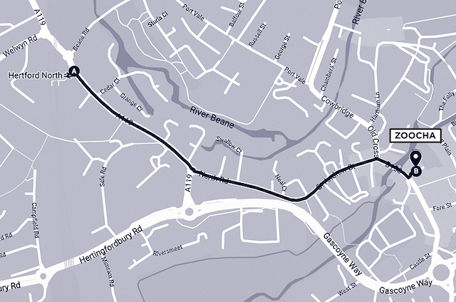 Directions from Hertford North to Zoocha