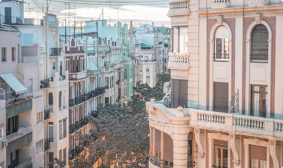 A view of up high of a Valencia city street