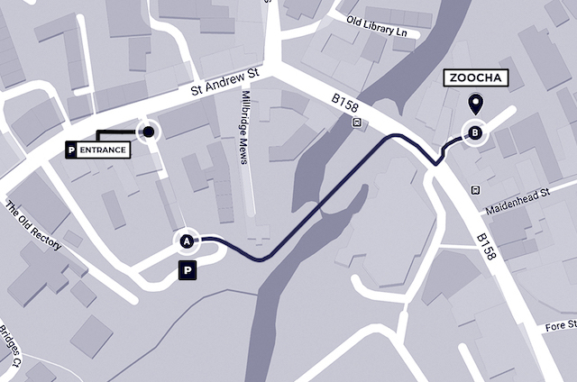 St Andrew Street car park and Zoocha's locations on a map