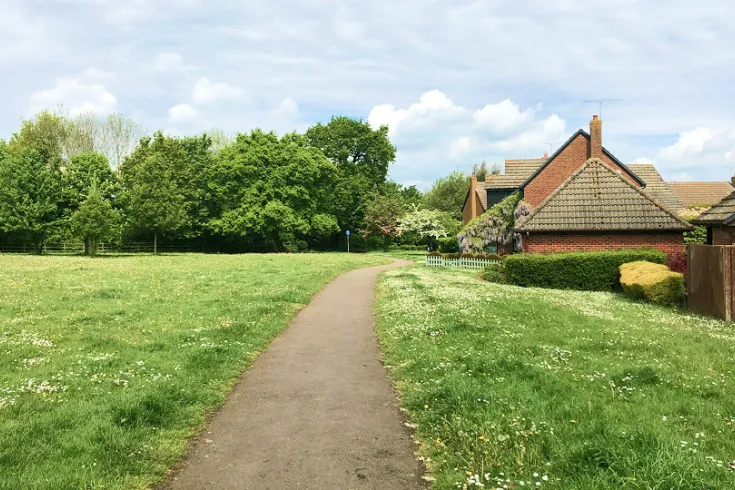 Image of a pathway through a field with trees, and houses next to the field