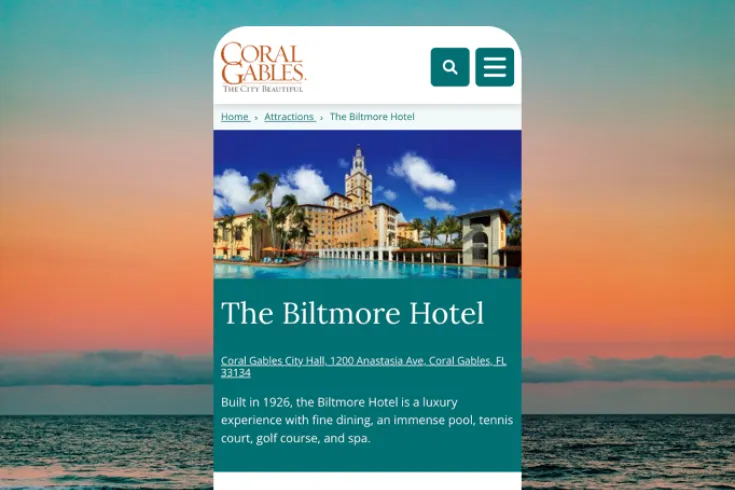 Coral Gables mobile page view