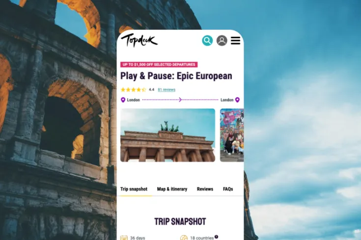 Topdeck Travel mobile page view on a back ground of an ancient tourist attraction