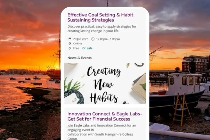 University of Portsmouth mobile app view over sunset background
