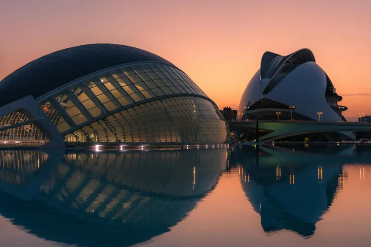 Modern domed buildings in Valencia at sunset