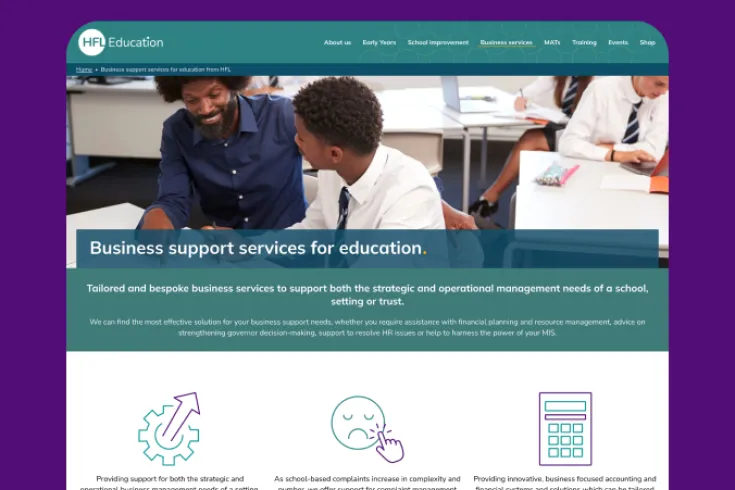 Screen view of Herts for Learning site on a purple background