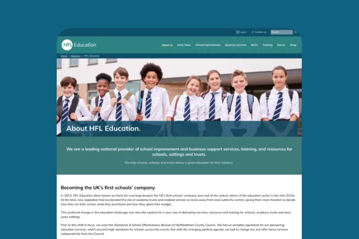 Screen view of Herts for Learning site on a teal background
