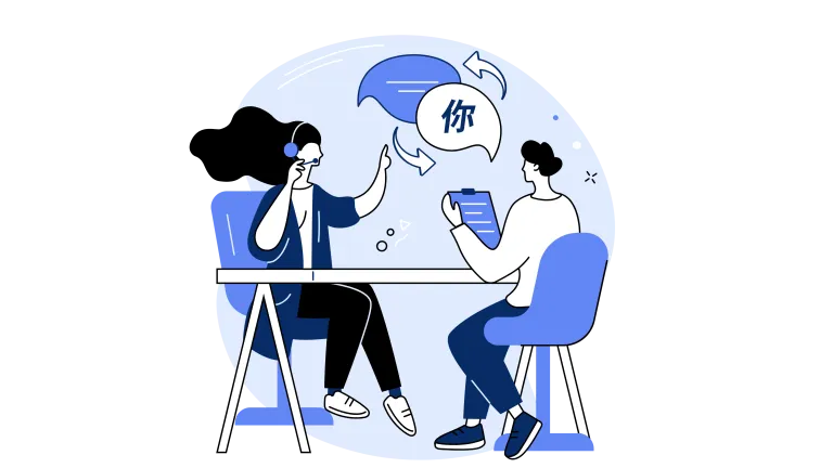 Decorative image of two characters talking