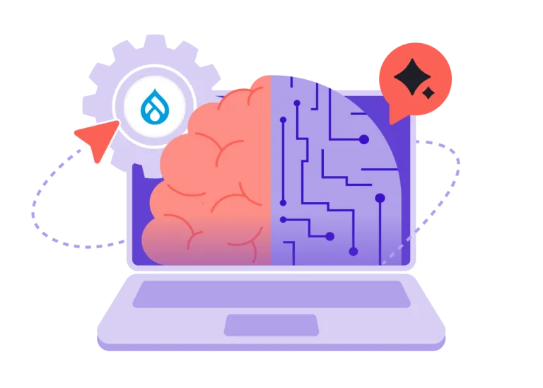 An illustrated laptop with half a human brain and half a robotic brain on the screen.