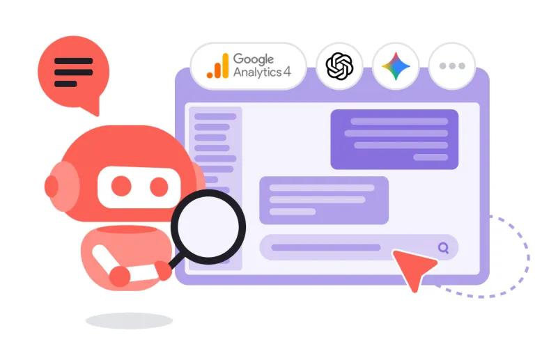 An illustrated small robot looking at documents with a magnifying glass