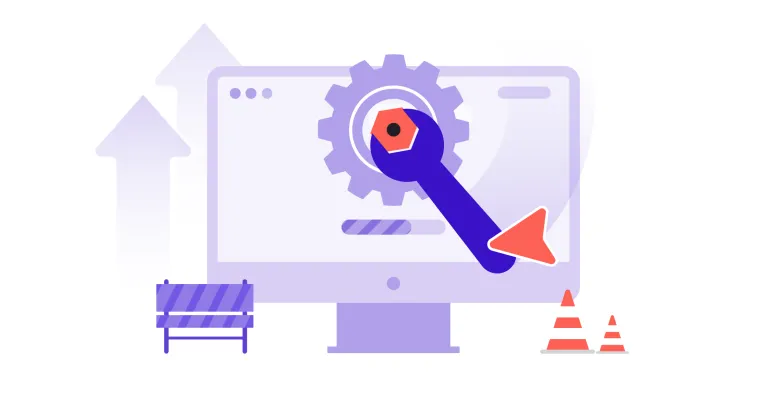 Illustration of a laptop with cogs and spanners and traffic cones