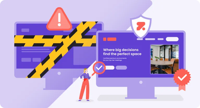 Illustration of two computer screens, one with a security badge that works fine and the other has an red alert sign and security tape over it.