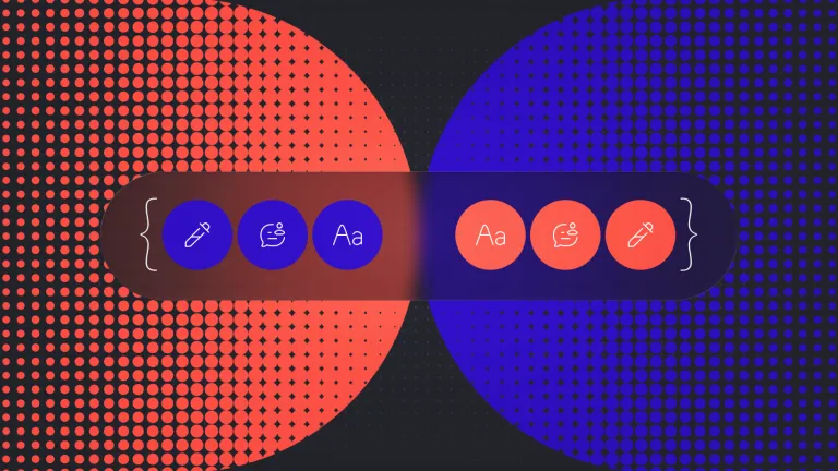 Split-colour interface illustration showing mirrored editing tools for text, comments, and formatting, with inverted colour schemes to highlight contrast and dual modes