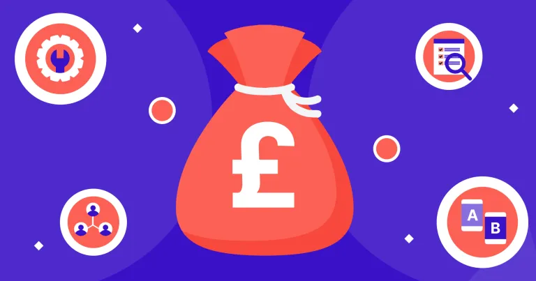 Money bag surrounded by research and testing icons