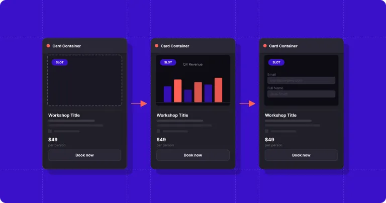 Configurable card component in Figma with toggleable properties for building multiple card variations from a single component.
