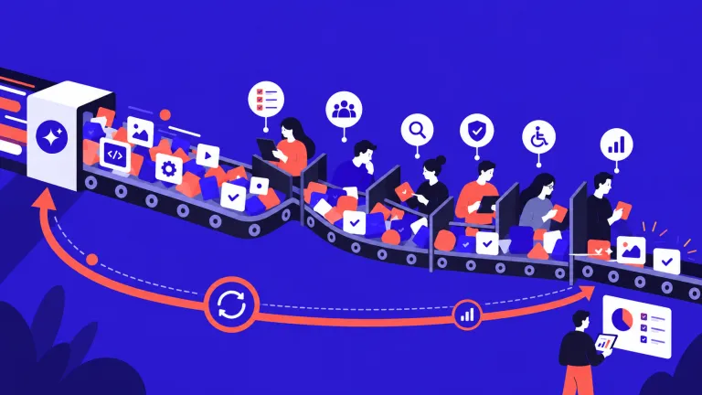 Illustration of a fast AI production line generating large volumes of digital work that narrows at human review checkpoints, showing how increased production can shift bottlenecks to validation, quality and decision-making.