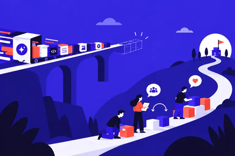Illustration contrasting a fast automated system building an impressive route in the wrong direction with a human team iteratively building, reviewing and adjusting a smaller route towards the correct destination.