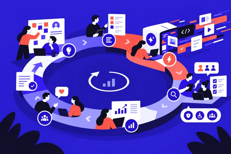 Illustration of people collaborating around a continuous Agile delivery loop, with AI accelerating one part of the process while human feedback, validation, quality and governance guide what is built next.