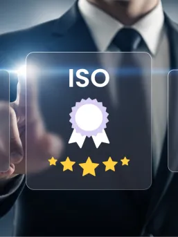 Man in a suit touching a glowing glass screen with ISO certifications on it