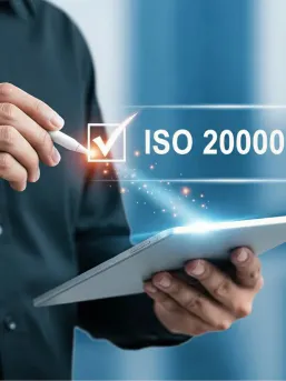 A man holding a tablet and a glowing pen ticking off an ISO certification