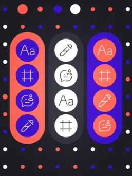 Diagram showing how interface icons for text, layout, editing, and comments are translated between different colour themes, with arrows connecting three vertical toolbars to illustrate the transformation process.