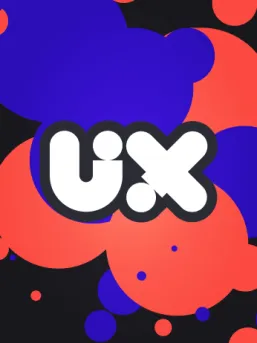 UX logo surrounded by abstract red and blue circular shapes on a dark background.
