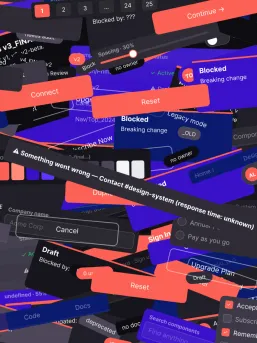 Visual representation of design system sprawl caused by duplicated and inconsistent interface components.