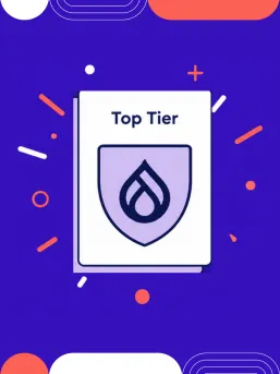 Top Tier Drupal badge on a blue background