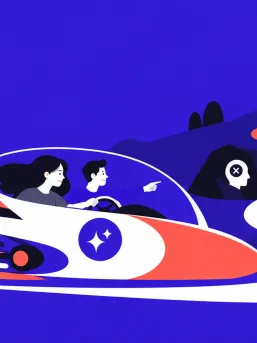 Illustration of an AI-powered delivery vehicle moving rapidly along a winding route, while people steer around risks and checkpoints towards the right destination, representing Agile direction and human oversight.