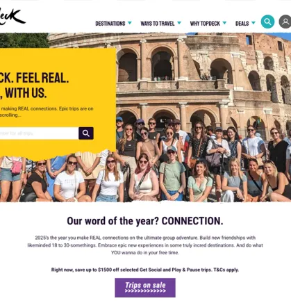 Desktop screen view of Topdeck Travel site