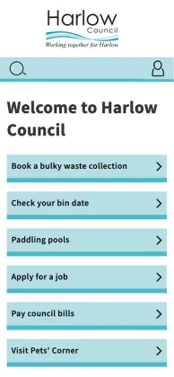 Mobile screen view of Harlow Council site