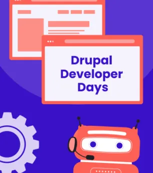 Illustration promoting Drupal Developer Days Athens 2026 with event branding and presentation graphics.