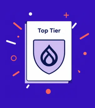 Top Tier Drupal badge on a blue background