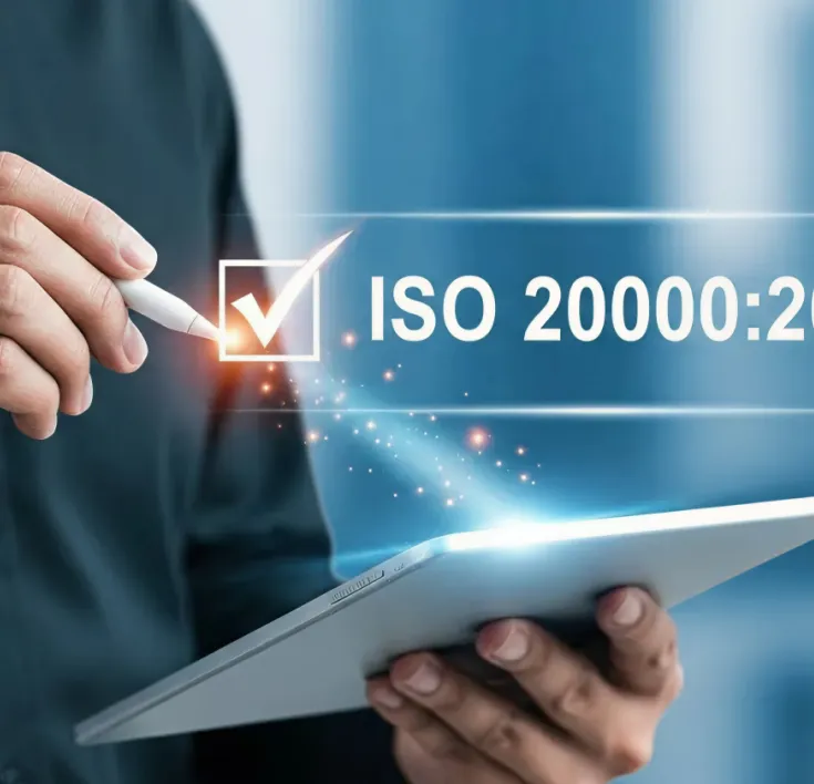 A man holding a tablet and a glowing pen ticking off an ISO certification